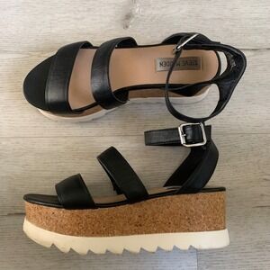 Steve Madden Kirsten Black Leather Cork Platform Wedge Sandal KIRS01S1 Women 7.5